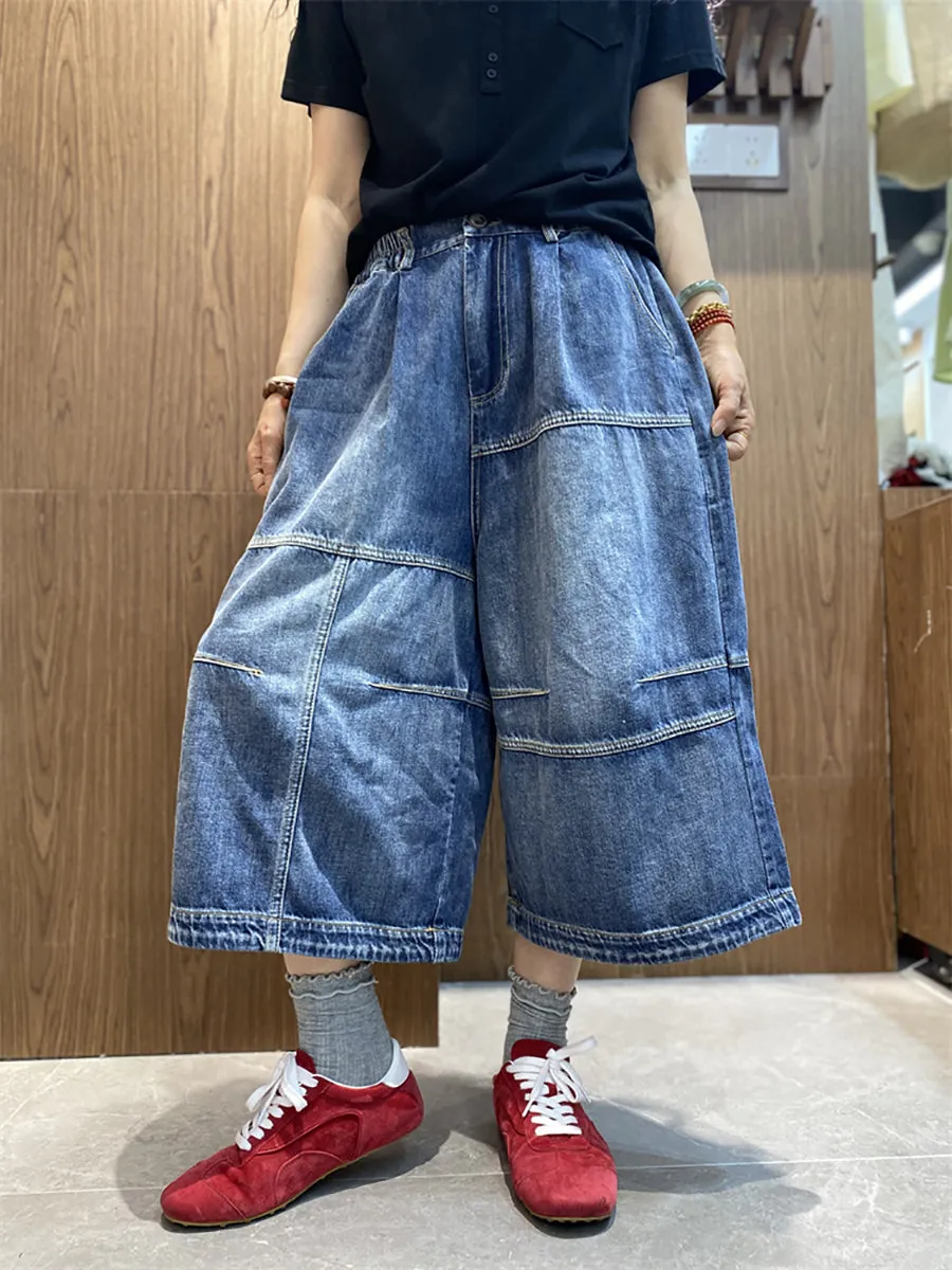 Women Retro Spliced Denim Wide-leg Pants