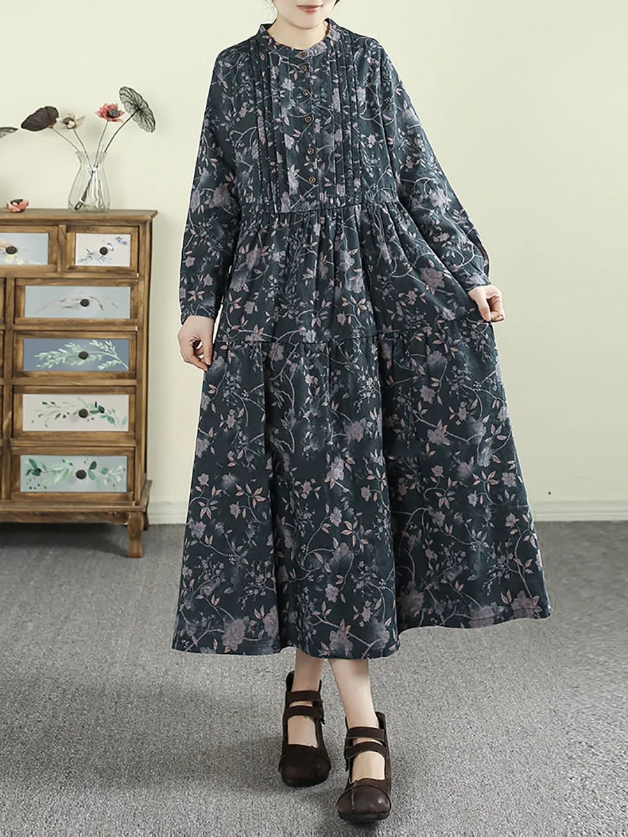 Women Spring Artsy Flower Shirred 100%Ramie Dress