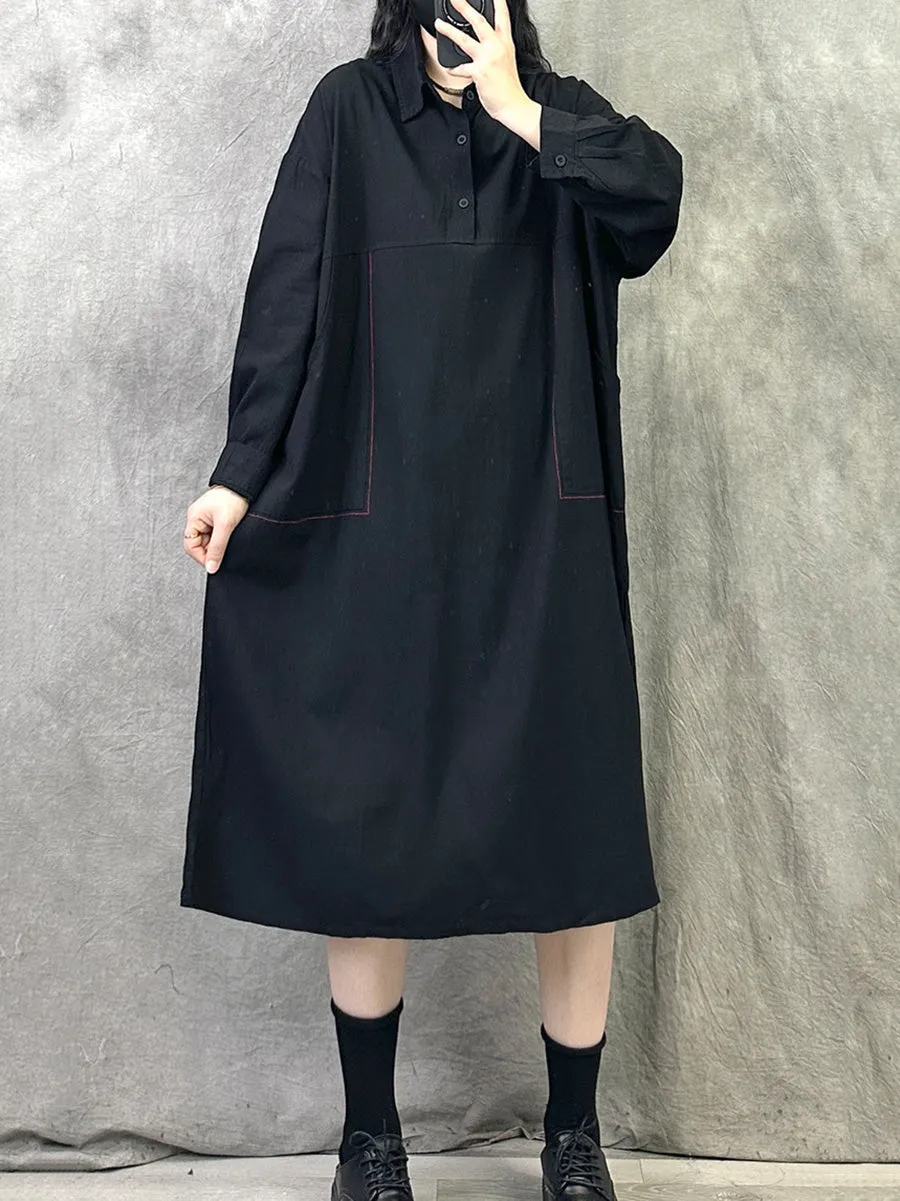Women Spring Artsy Pure Color Turn-down Collar Dress