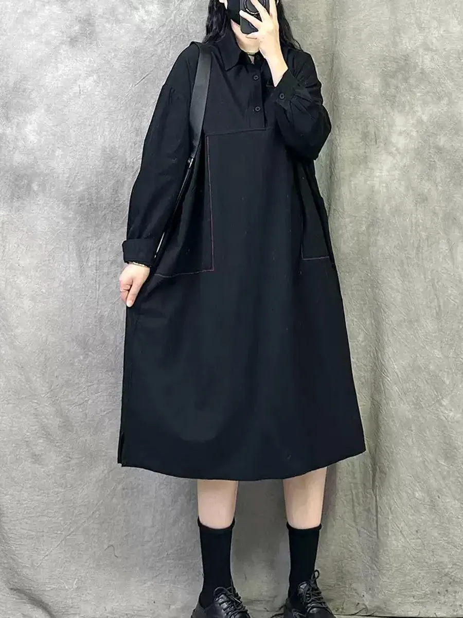 Women Spring Artsy Pure Color Turn-down Collar Dress