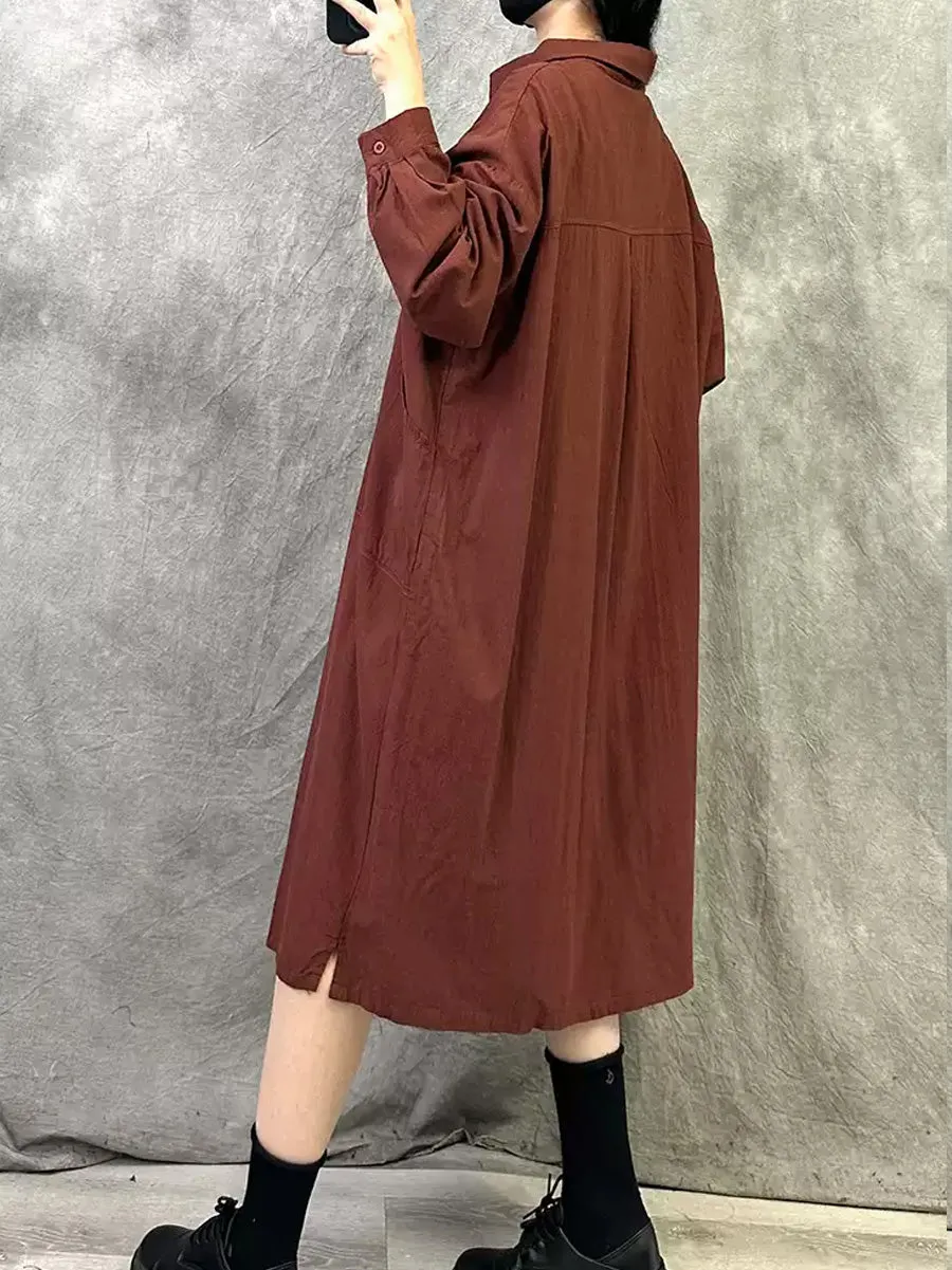 Women Spring Artsy Pure Color Turn-down Collar Dress