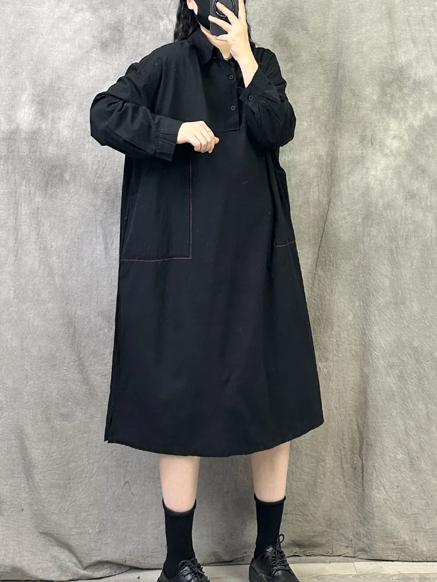Women Spring Artsy Pure Color Turn-down Collar Dress