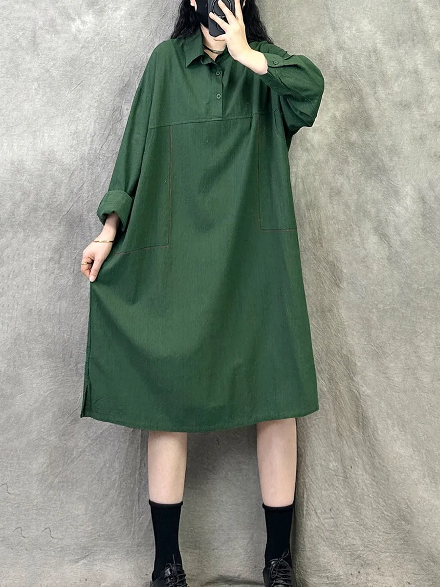 Women Spring Artsy Pure Color Turn-down Collar Dress