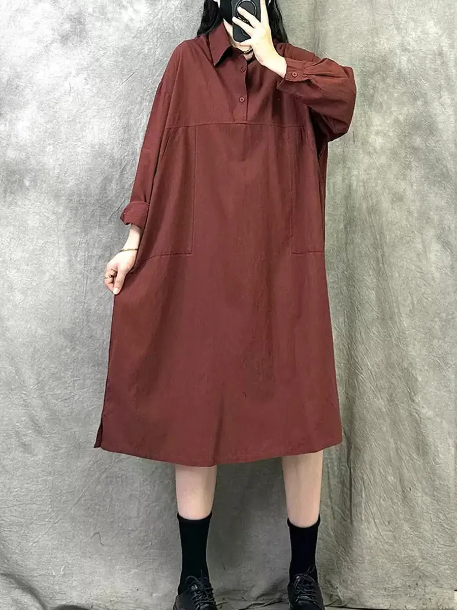 Women Spring Artsy Pure Color Turn-down Collar Dress