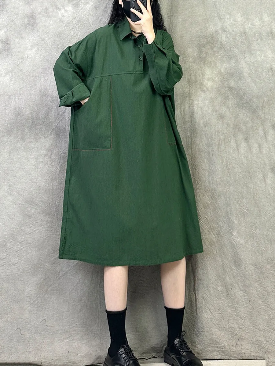 Women Spring Artsy Pure Color Turn-down Collar Dress