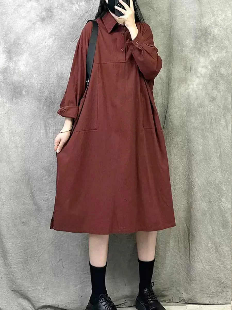 Women Spring Artsy Pure Color Turn-down Collar Dress