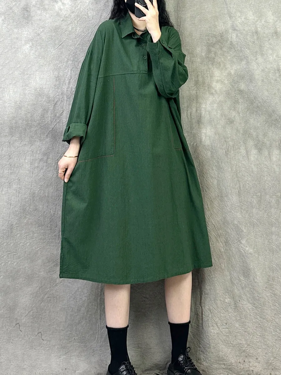 Women Spring Artsy Pure Color Turn-down Collar Dress