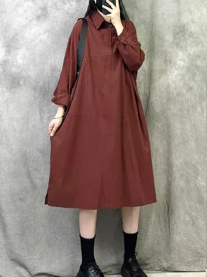 Women Spring Artsy Pure Color Turn-down Collar Dress