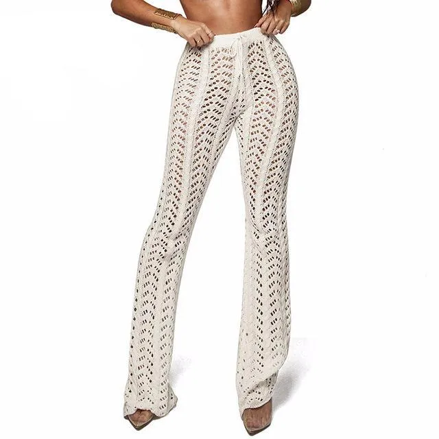 Women Summer Beach Knitted Hollow Out Pants See Through