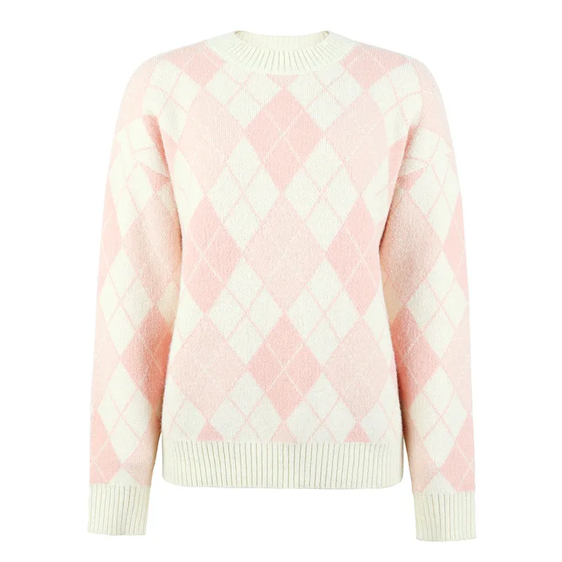 Women Sweaters Kniting Round Collar Pullover Bicolor Lattice