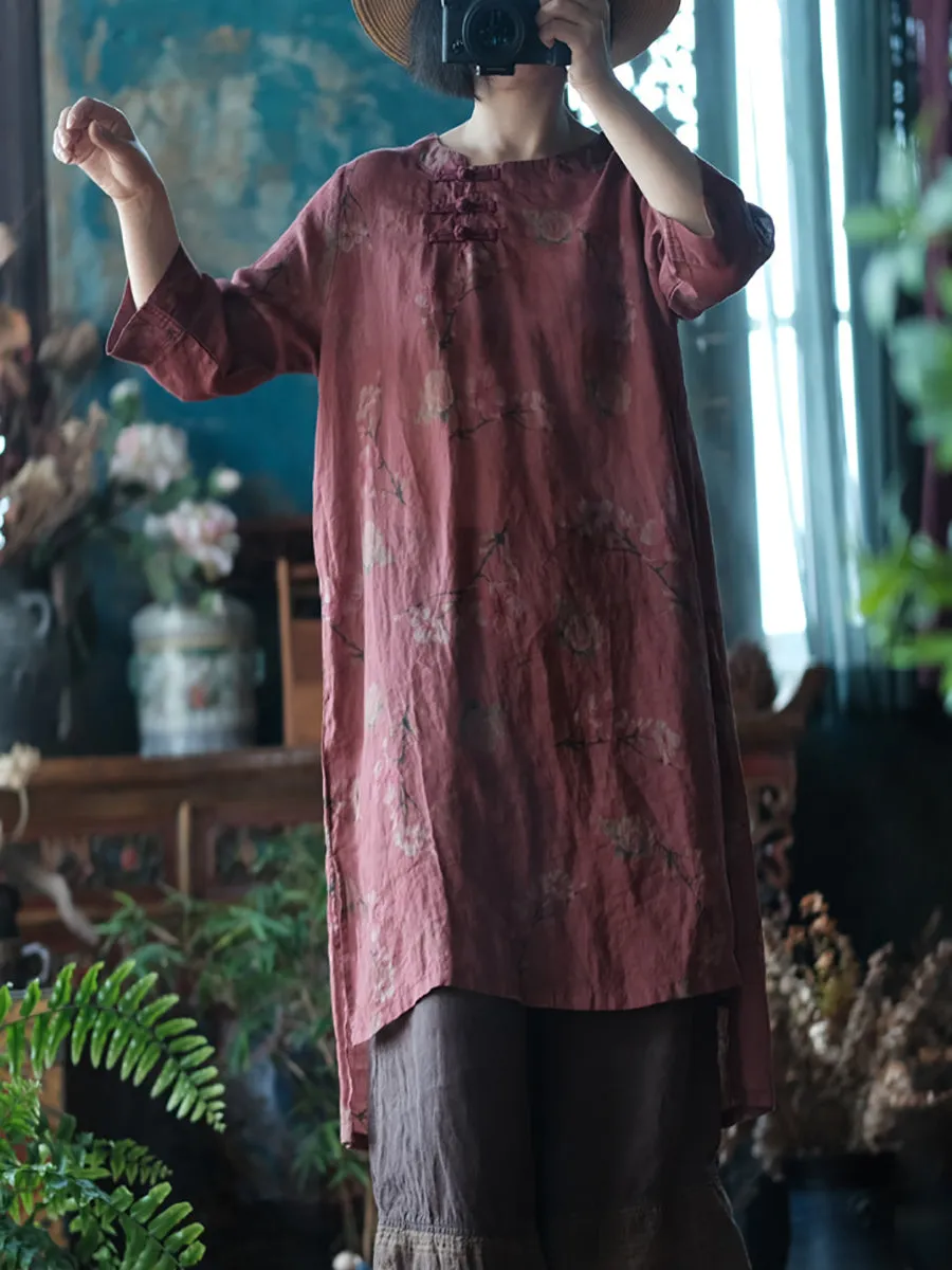 Women Vintage Flower Button O-Neck Shirt Dress