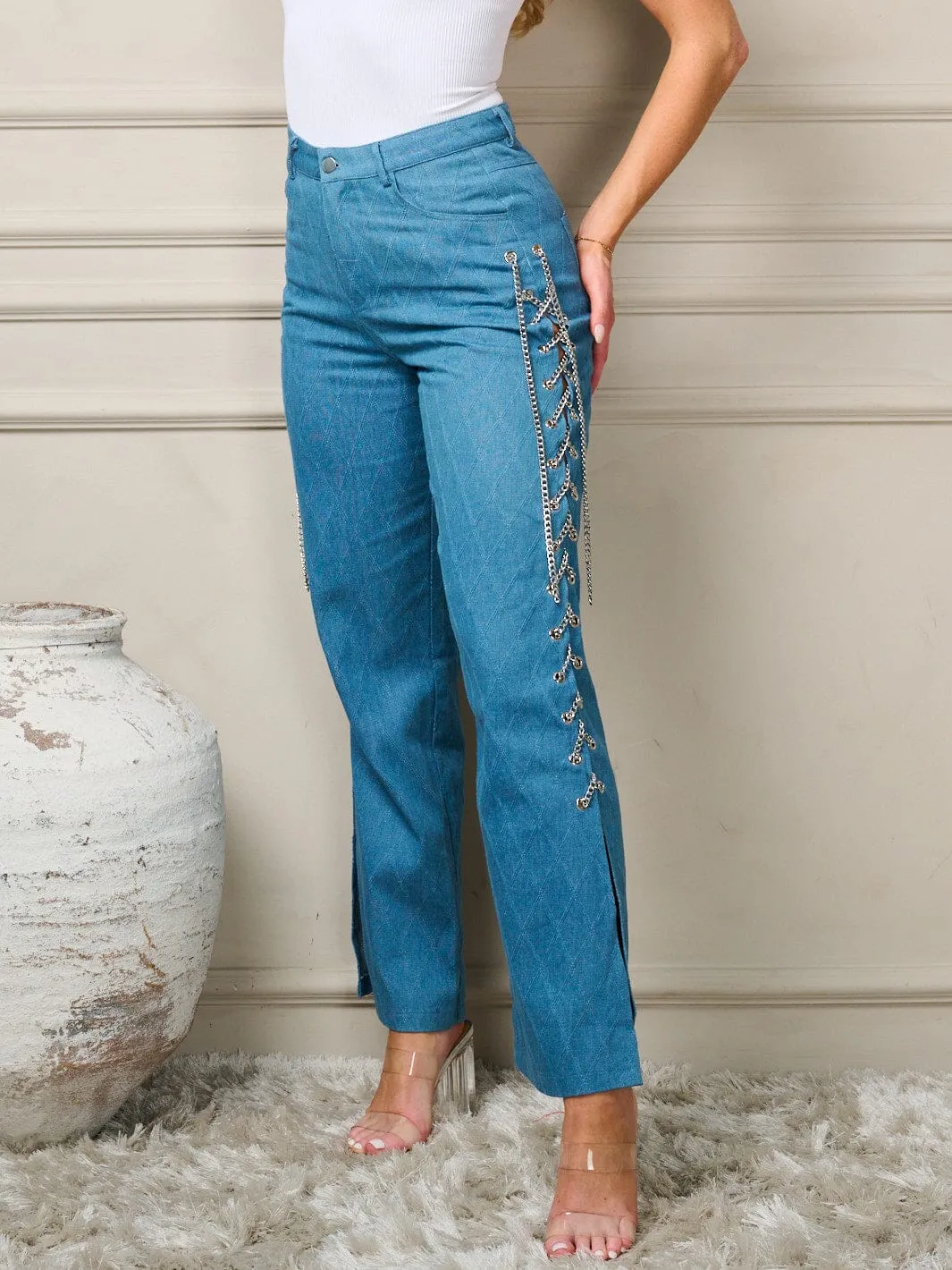 WOMEN'S BUTTON CLOSURE POCKETS WIDE LEG SIDE LACE UP DENIM JEANS