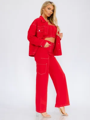 WOMEN'S BUTTON CLOSURE WIDE LEG POCKETS DENIM PANTS