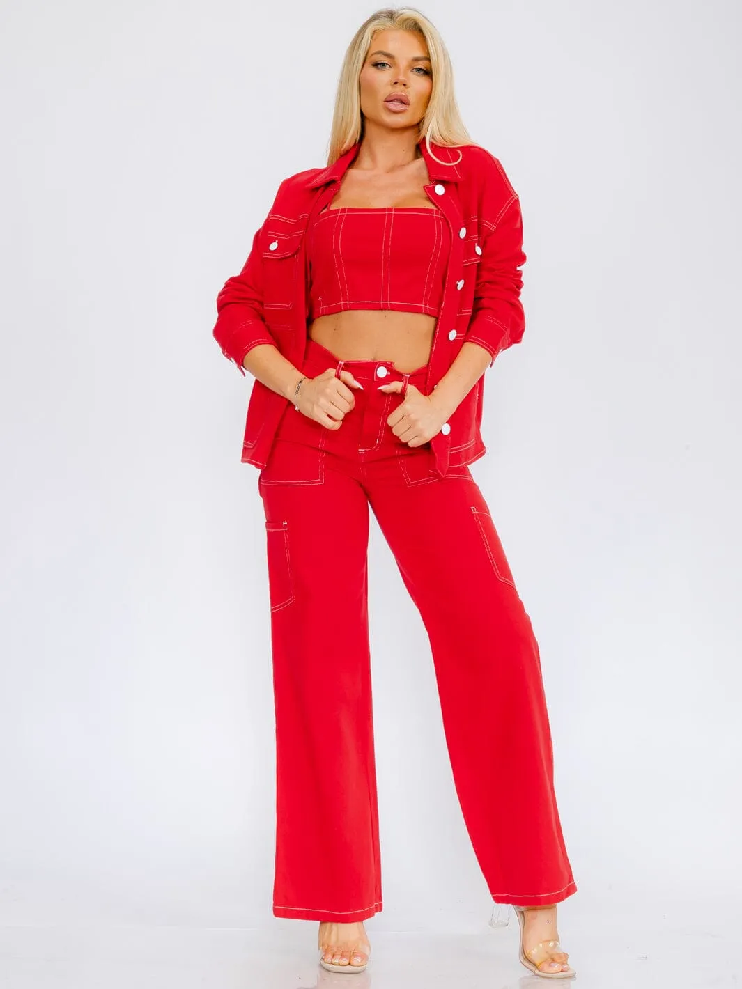 WOMEN'S BUTTON CLOSURE WIDE LEG POCKETS DENIM PANTS