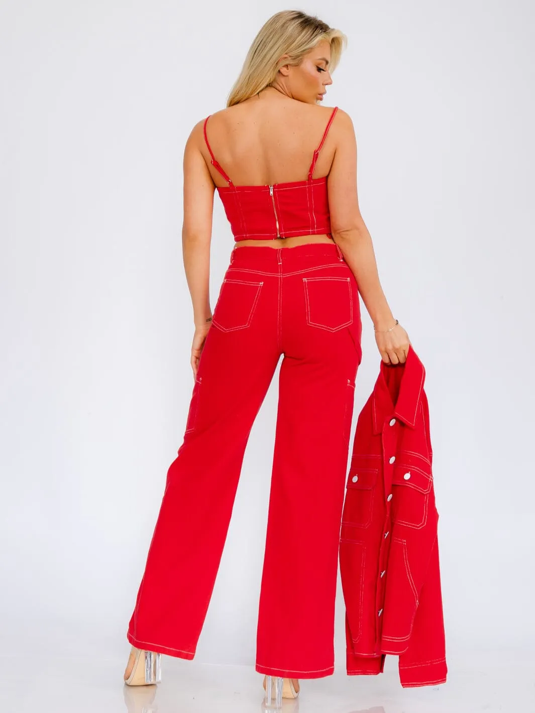 WOMEN'S BUTTON CLOSURE WIDE LEG POCKETS DENIM PANTS