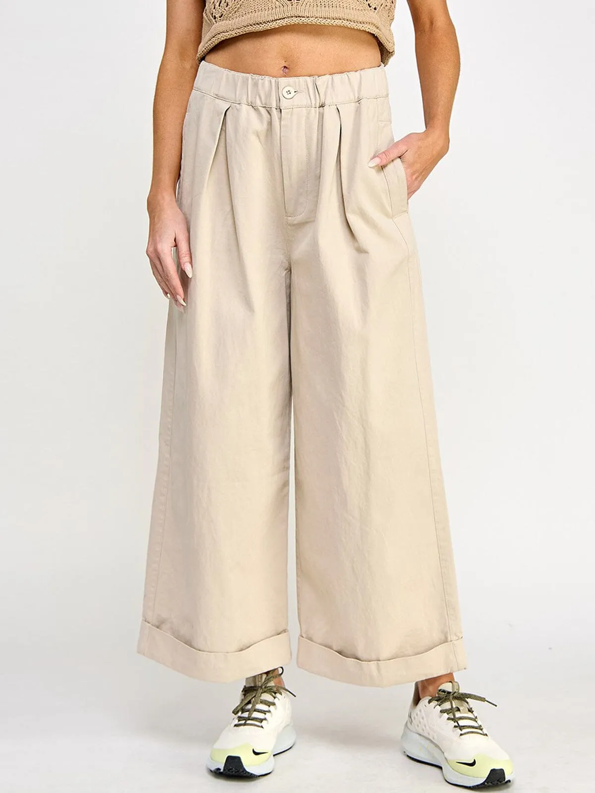 WOMEN'S ELASTIC WAIST BUTTON CLOSURE POCKETS WIDE LEG PANTS