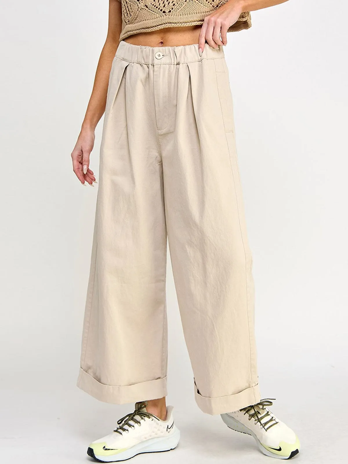 WOMEN'S ELASTIC WAIST BUTTON CLOSURE POCKETS WIDE LEG PANTS
