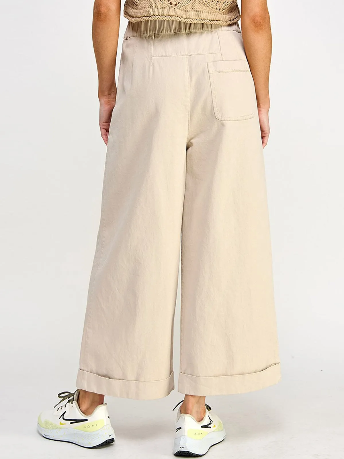 WOMEN'S ELASTIC WAIST BUTTON CLOSURE POCKETS WIDE LEG PANTS