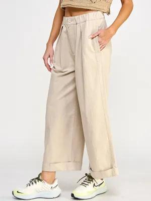 WOMEN'S ELASTIC WAIST BUTTON CLOSURE POCKETS WIDE LEG PANTS