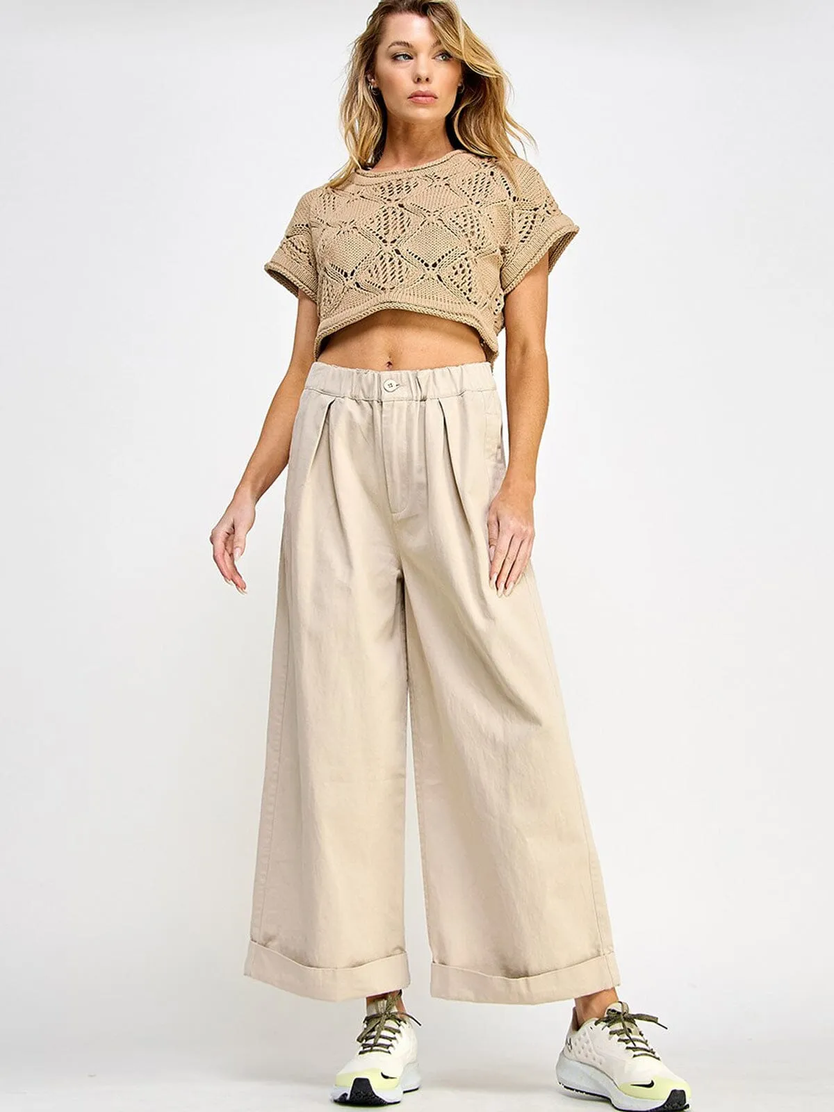 WOMEN'S ELASTIC WAIST BUTTON CLOSURE POCKETS WIDE LEG PANTS