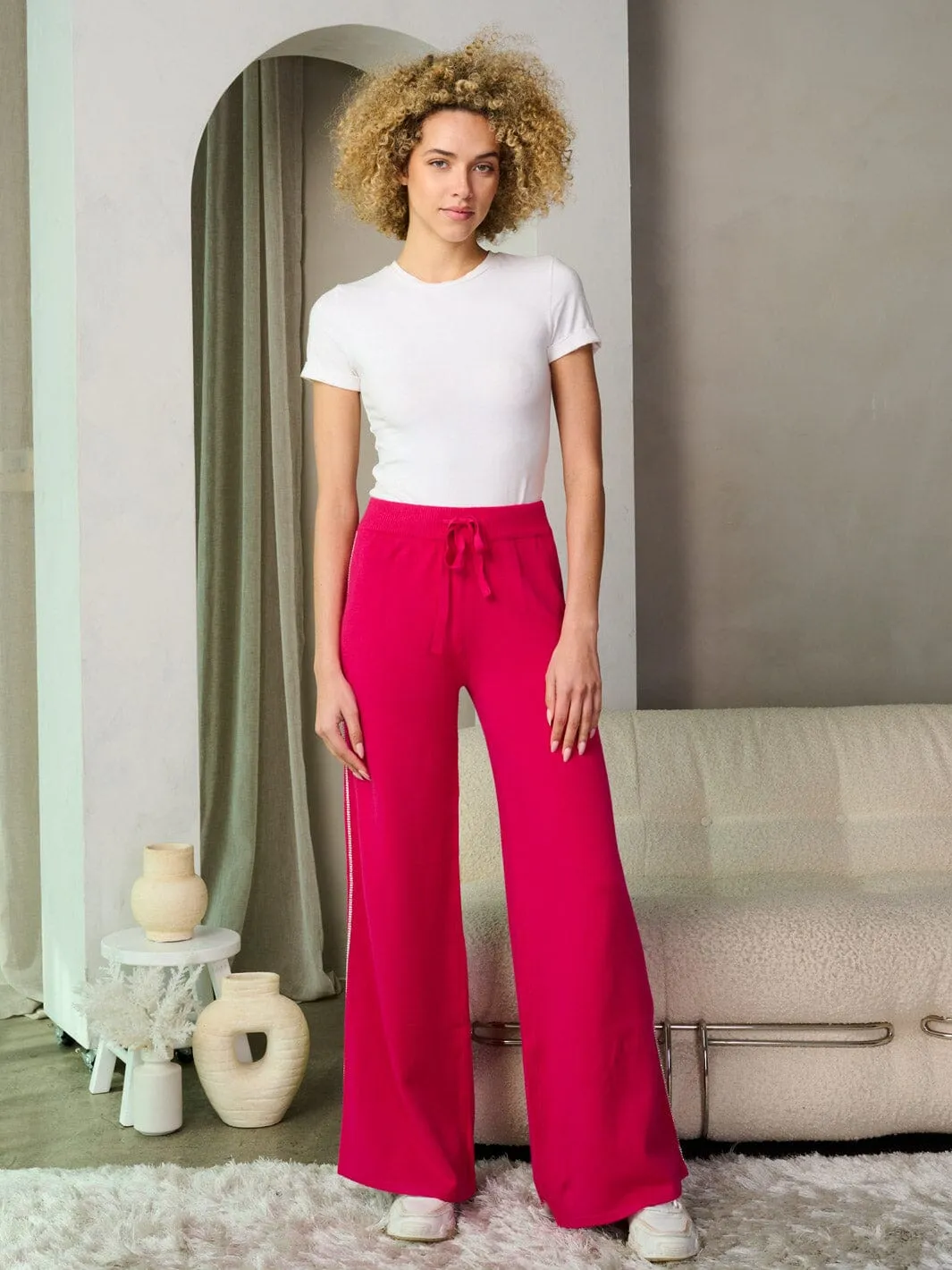 WOMEN'S ELASTIC WAIST SELF TIE SIDE STUDS DETAILED WIDE LEG PANTS