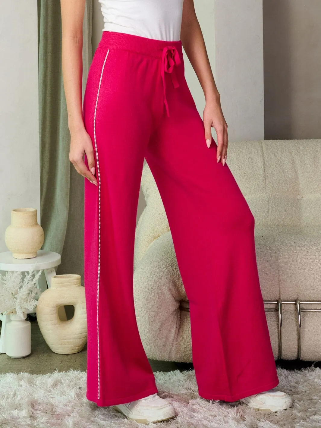 WOMEN'S ELASTIC WAIST SELF TIE SIDE STUDS DETAILED WIDE LEG PANTS