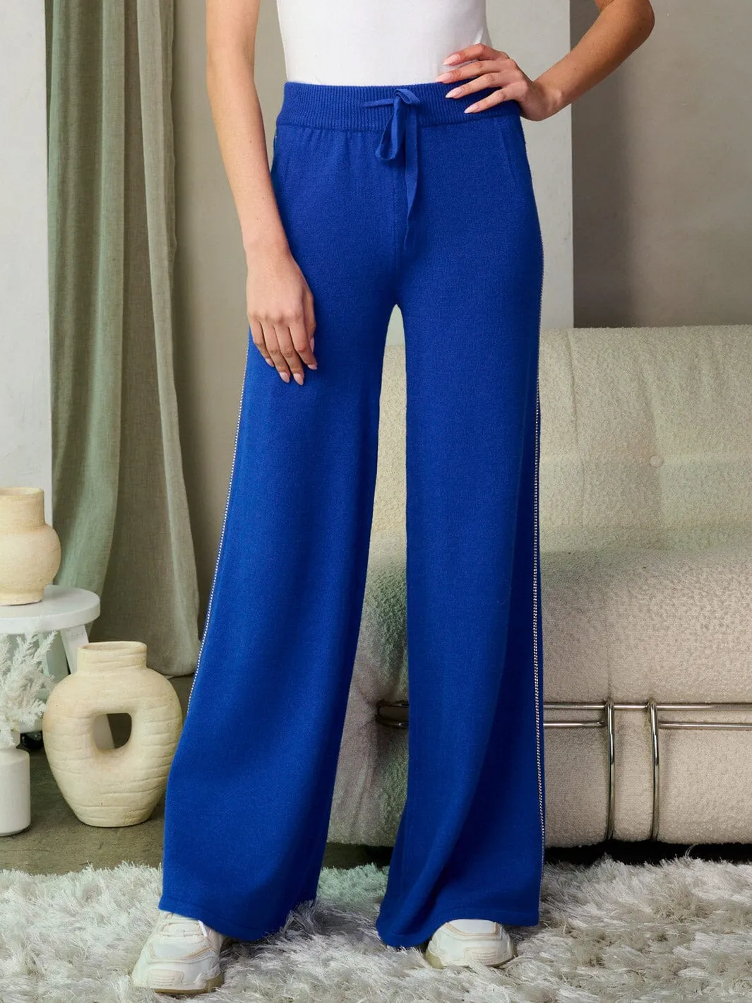 WOMEN'S ELASTIC WAIST SELF TIE SIDE STUDS DETAILED WIDE LEG PANTS