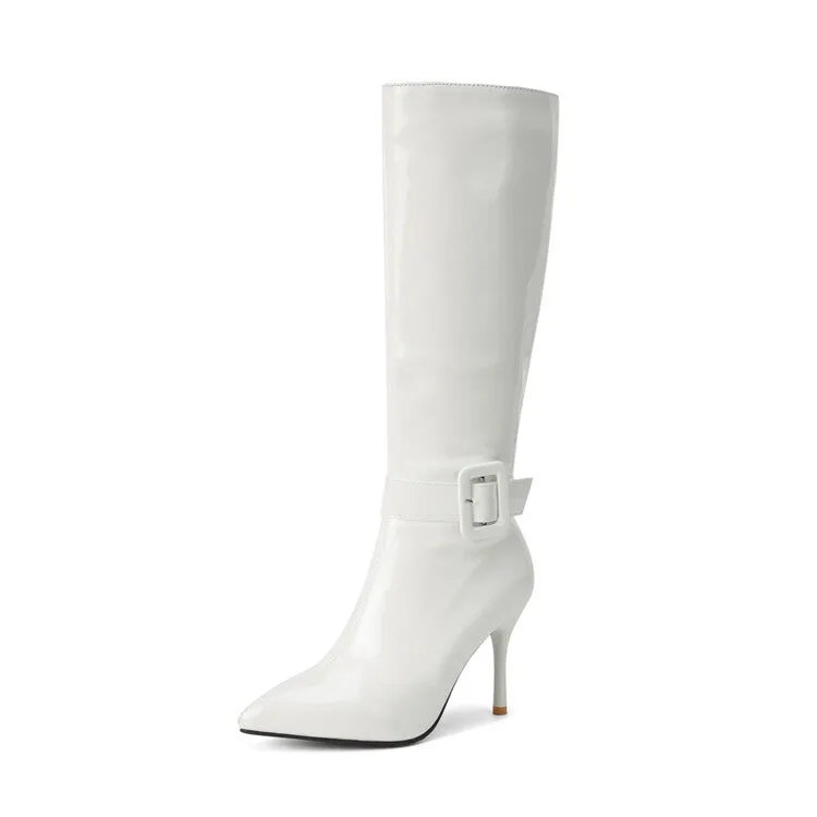 Women's Glossy Pointed Toe Stiletto Heel Knee High Boots
