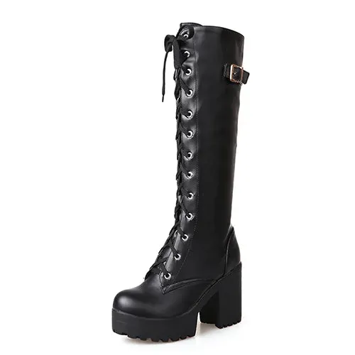 Women's Gothic Lace Knee High Boots Fashion Faux Leather Boots