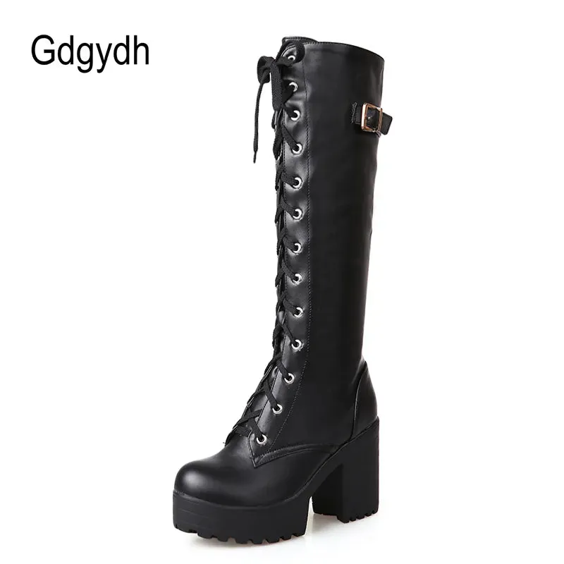 Women's Gothic Lace Knee High Boots Fashion Faux Leather Boots
