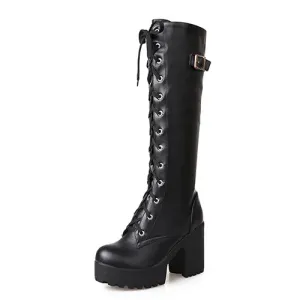 Women's Gothic Lace Knee High Boots Fashion Faux Leather Boots