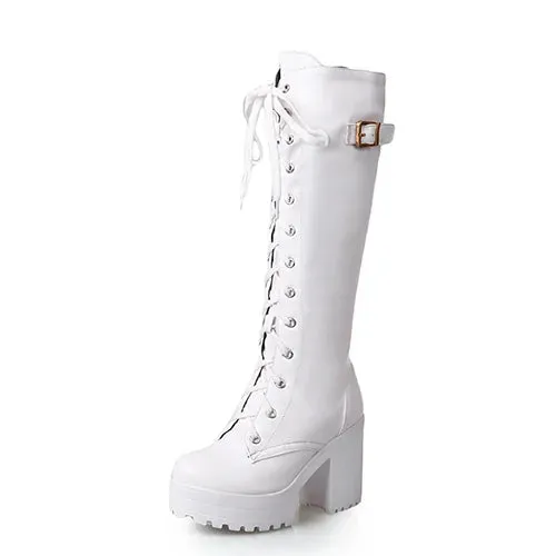 Women's Gothic Lace Knee High Boots Fashion Faux Leather Boots