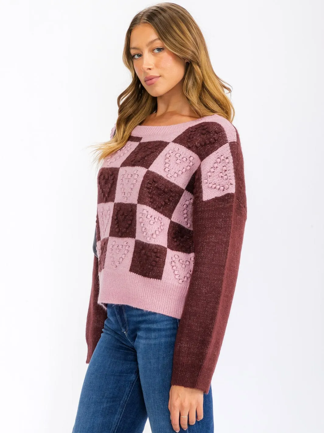 WOMEN'S LONG SLEEVE CHEKERS COLORBLOCK DETAILED PULLOVER SWEATER