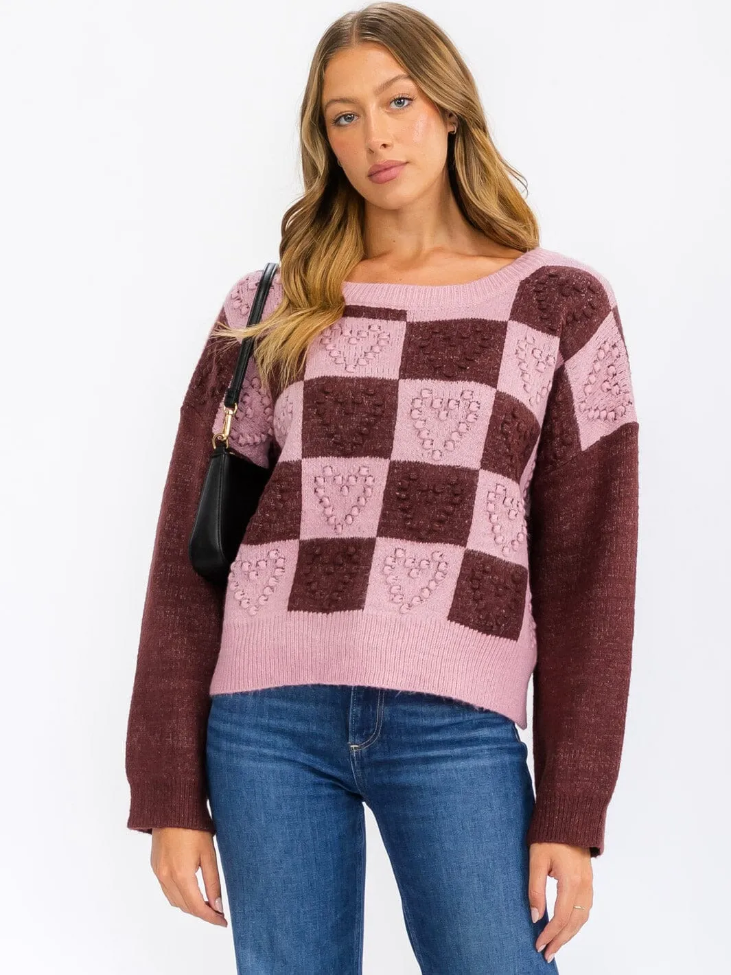WOMEN'S LONG SLEEVE CHEKERS COLORBLOCK DETAILED PULLOVER SWEATER