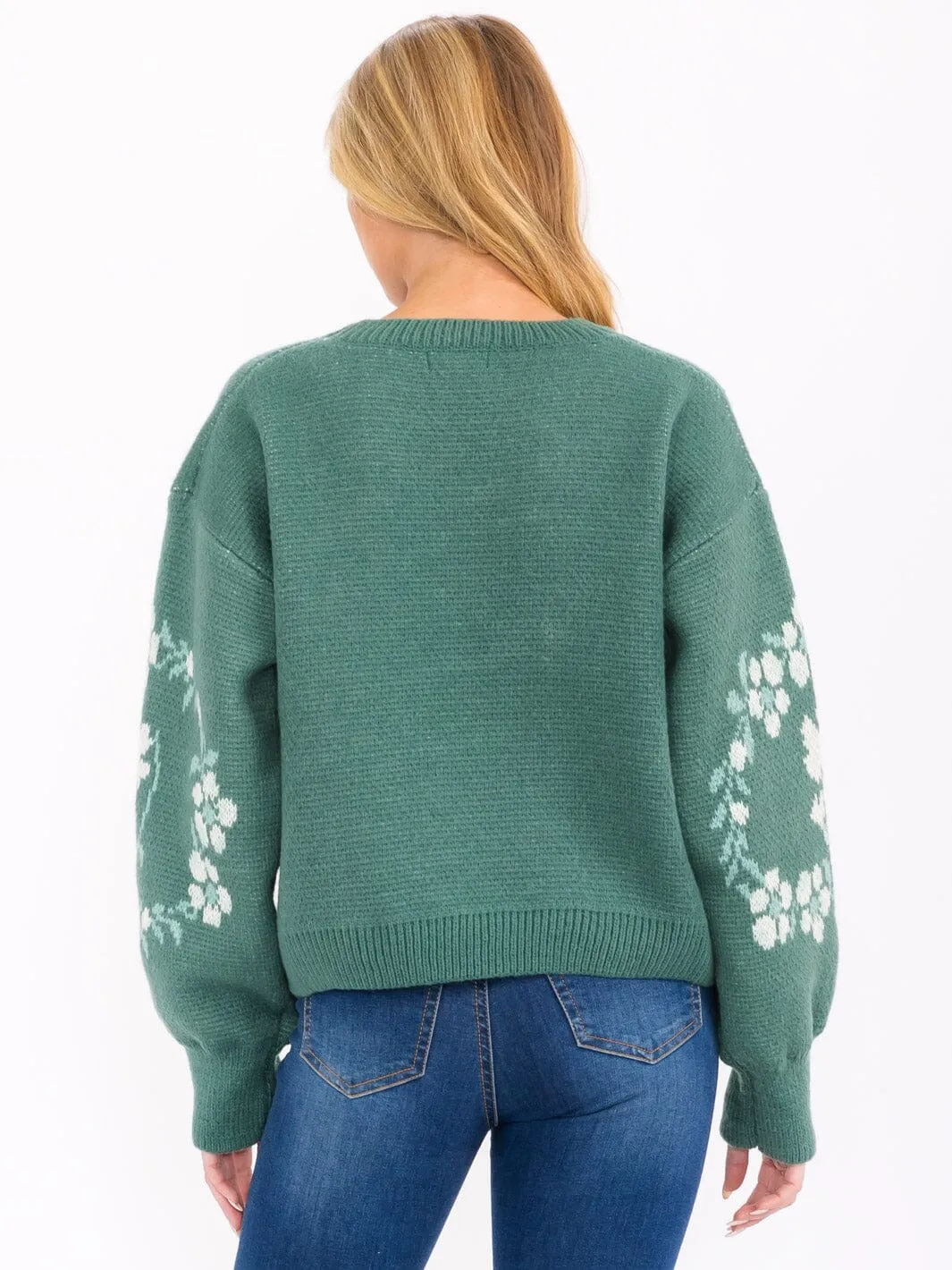 WOMEN'S LONG SLEEVE FLORAL PRINT PULLOVER SWEATER