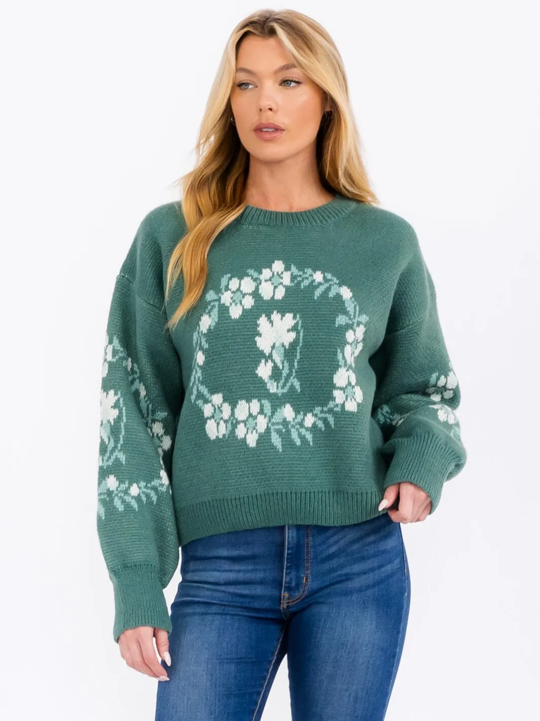 WOMEN'S LONG SLEEVE FLORAL PRINT PULLOVER SWEATER