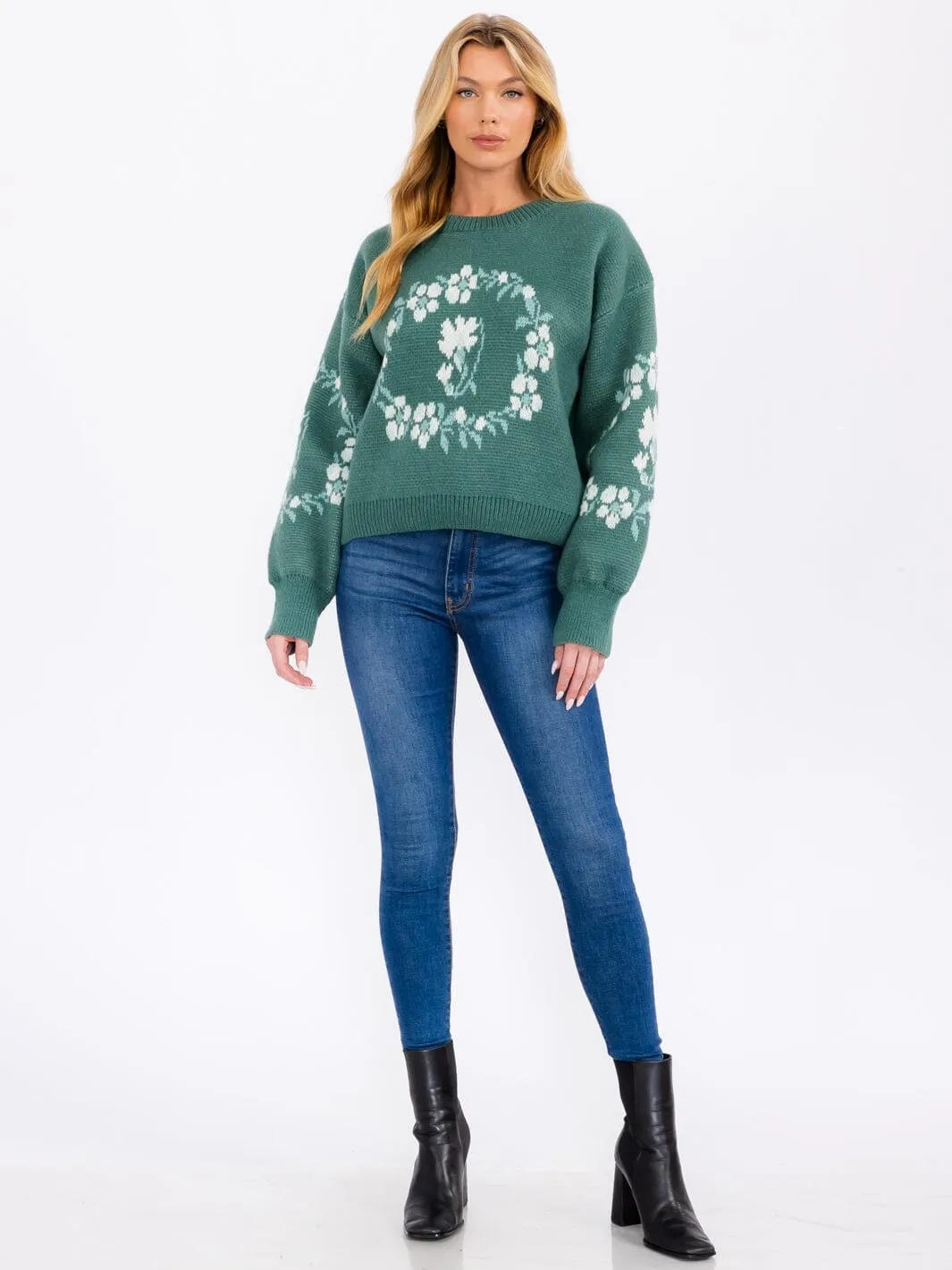 WOMEN'S LONG SLEEVE FLORAL PRINT PULLOVER SWEATER