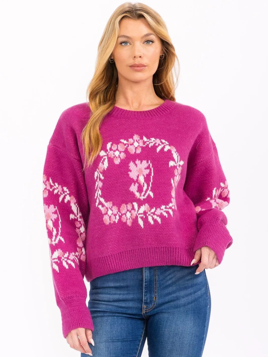 WOMEN'S LONG SLEEVE FLORAL PRINT PULLOVER SWEATER