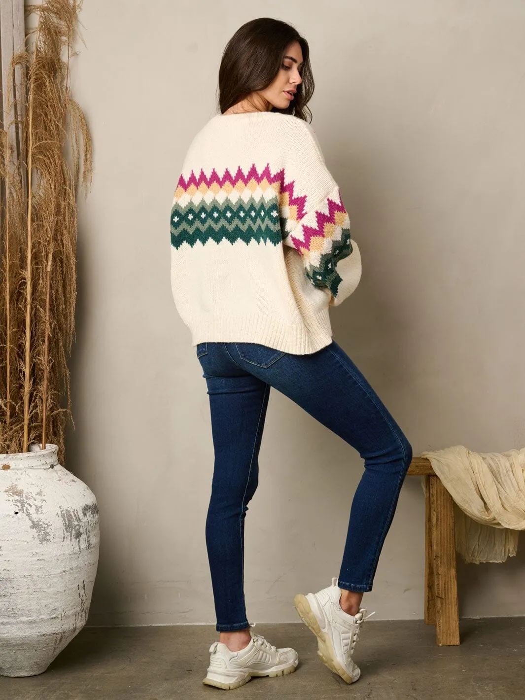 WOMEN'S LONG SLEEVE PRINT COLOR BLOCK KNIT SWEATER