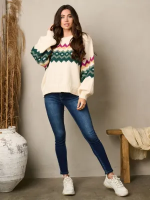 WOMEN'S LONG SLEEVE PRINT COLOR BLOCK KNIT SWEATER
