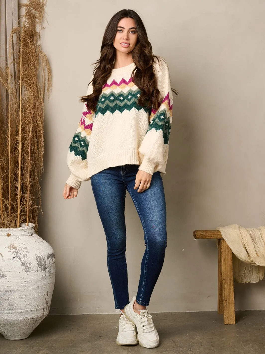 WOMEN'S LONG SLEEVE PRINT COLOR BLOCK KNIT SWEATER