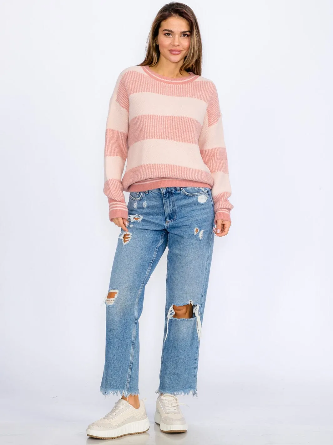 WOMEN'S LONG SLEEVES PULLOVER COLORBLOCK STRIPES SWEATER