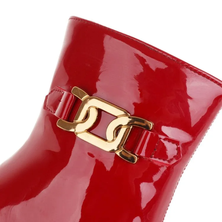 Women's Patent Leather Metal Chains Block Heel Platform Short Boots