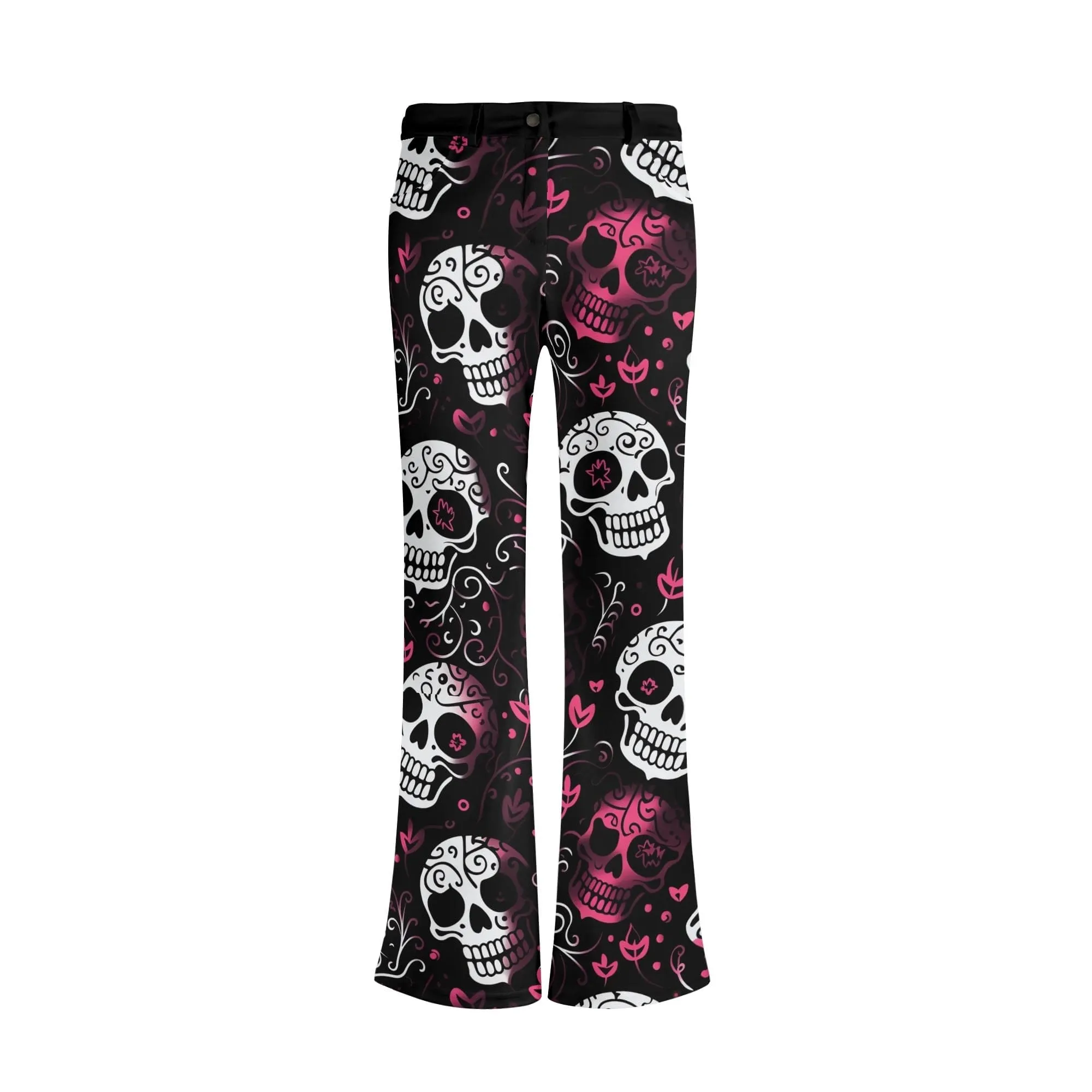 Womens Pink & White Skulls Print Elegant Flare Pants