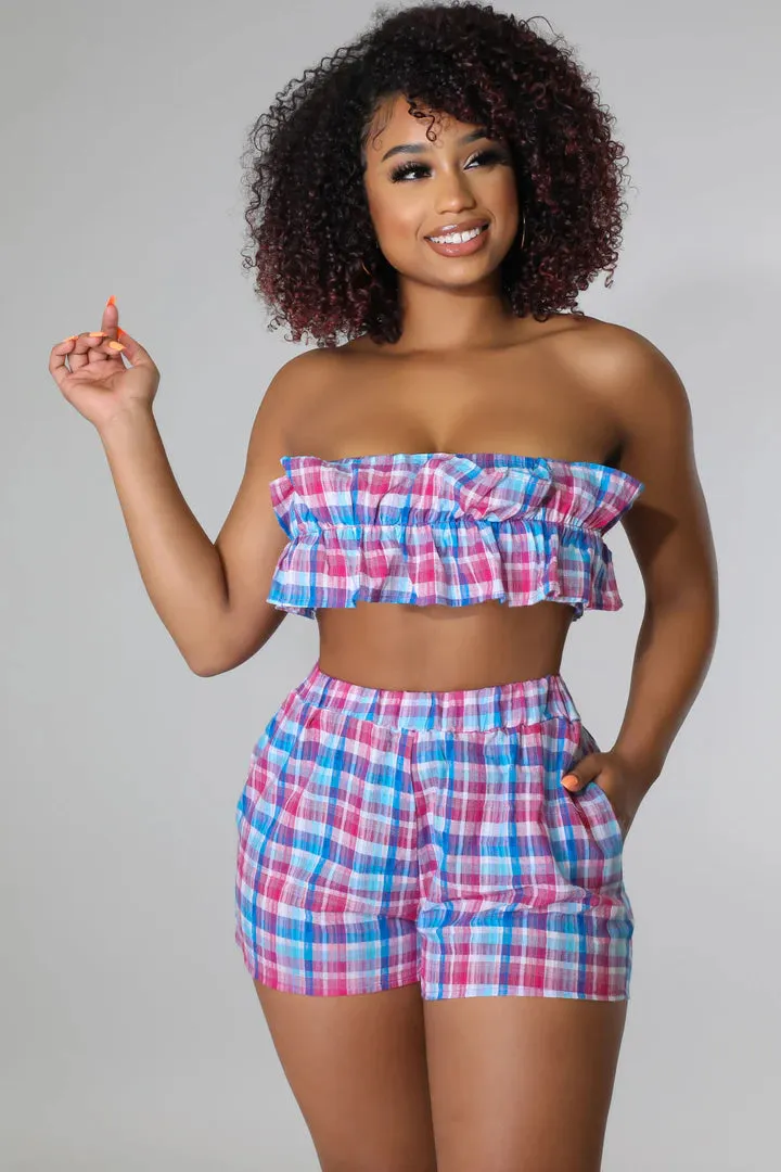 Women's Plaid Stylish Tube Top High Waisted Blue/Fuchsia Short Set