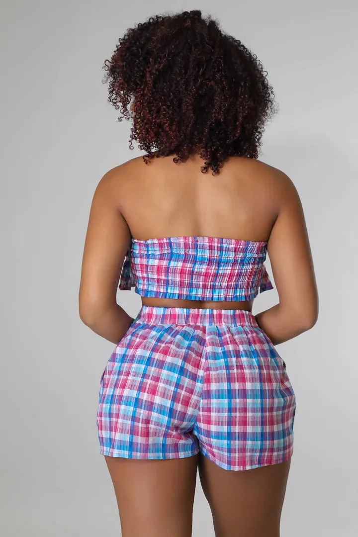 Women's Plaid Stylish Tube Top High Waisted Blue/Fuchsia Short Set