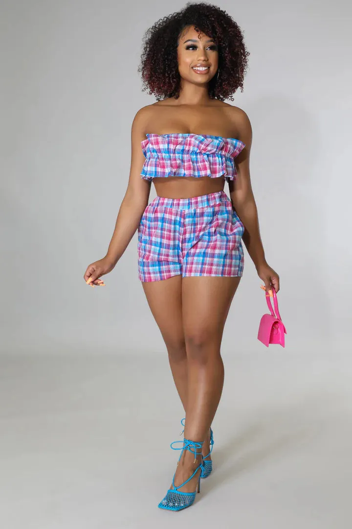 Women's Plaid Stylish Tube Top High Waisted Blue/Fuchsia Short Set