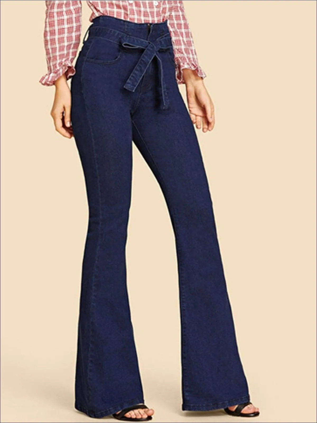 Women's Self Tie Flare Leg Denim Pants