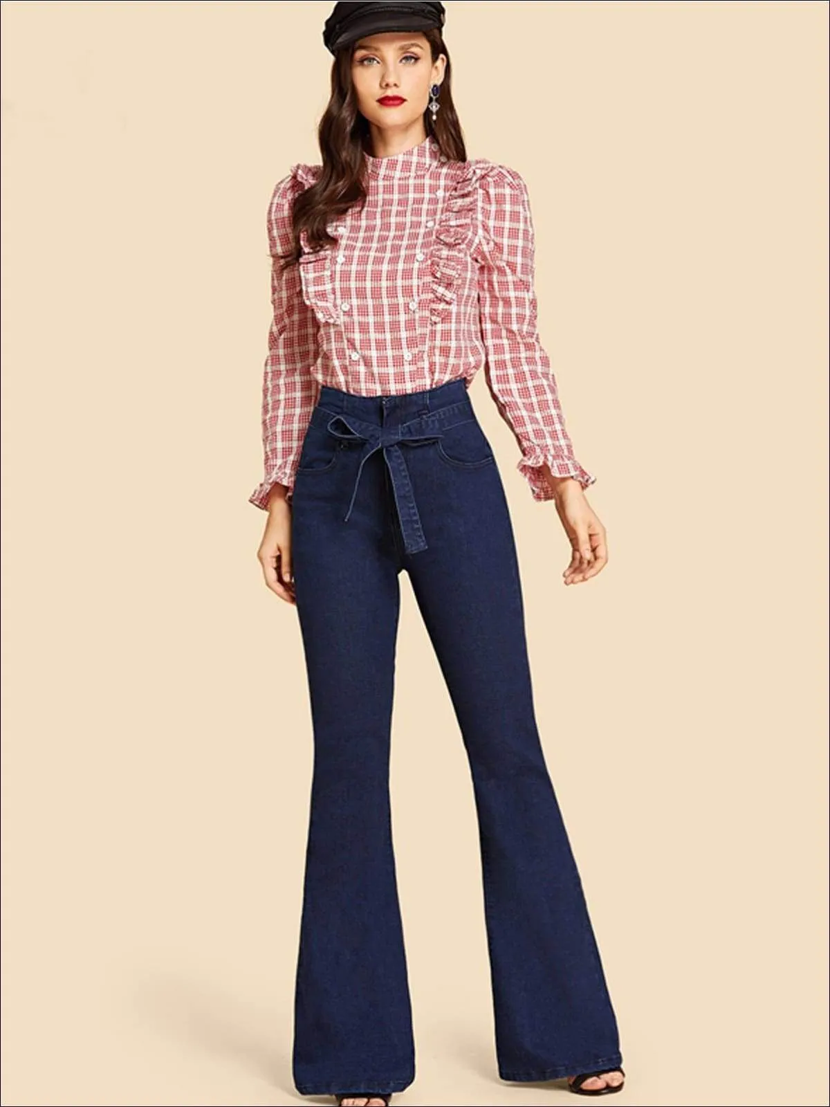 Women's Self Tie Flare Leg Denim Pants