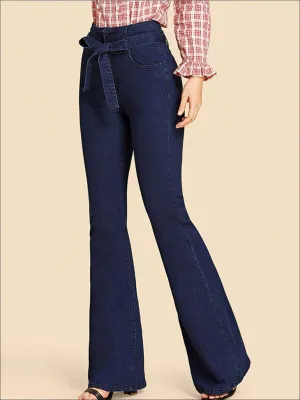 Women's Self Tie Flare Leg Denim Pants
